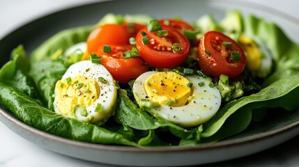 A close-up look at a leaf-lined plate featuring sliced boiled eggs and juicy cherry tomatoes drizzled with seasoning, showcasing a healthy meal option.