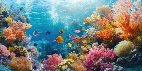 Fototapeta premium Vibrant and picturesque coral reef showcasing a variety of hard and soft corals, inhabited by exotic anthias fish, creating a stunning underwater landscape full of life.
