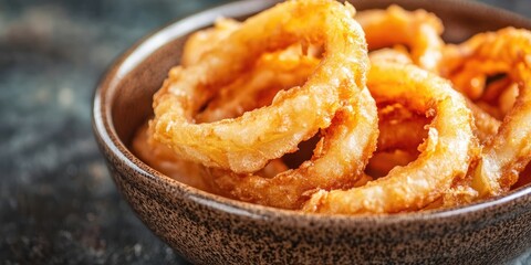 A closeup with selective focus showcasing crispy onion rings served in a bowl, highlighting the golden texture and delicious appeal of onion rings, perfect for food photography.