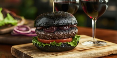 Black burger served alongside two glasses of wine in a dining setting the black burger is a gourmet delight, perfect to pair with wine for a unique culinary experience.