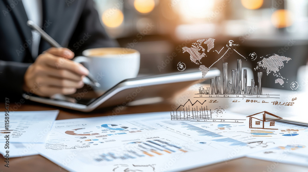 Fototapete professional examining financial data on tablet while holding cup of coffee, surrounded by charts an