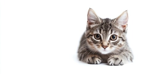 Obraz premium Gray striped cat on a clean white background, showcasing the unique features of a gray striped cat. This image captures the essence of a gray striped cat in an isolated setting.