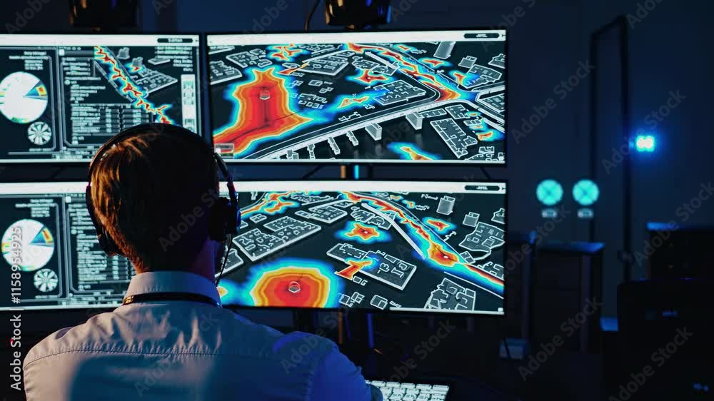  analyzing complex data visualizations in a high-tech environment with three large monitors and advan