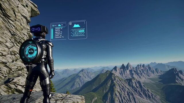 Exploring breathtaking mountain landscapes in a futuristic virtual environment with advanced technology