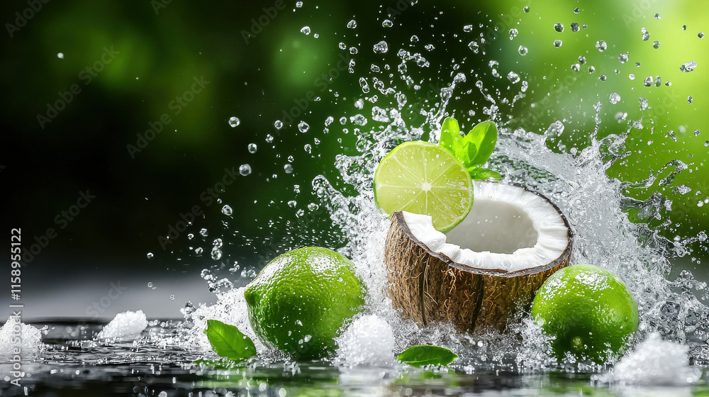 Poster refreshing coconut with lime slices splashes in water, surrounded by mint leaves, creating vibrant and lively scene