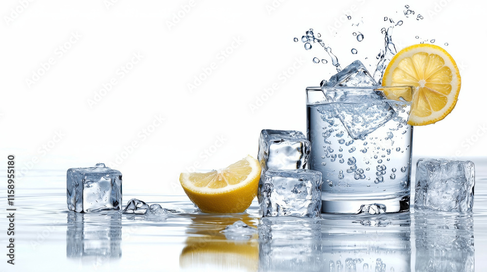 Aufkleber refreshing glass of lemonade with ice cubes and lemon slices, creating vibrant and thirst quenching scene. Perfect for summer enjoyment and hydration