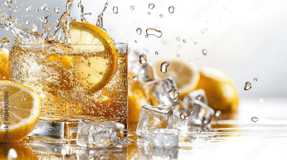Poster refreshing glass of lemonade with ice cubes and lemon slices, splashing water creates vibrant and li