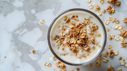 Overhead view of creamy milk in glass with scattered oats and granola, styled on white marble background to create appetizing breakfast scene with clean, minimalist aesthetic and crisp details.