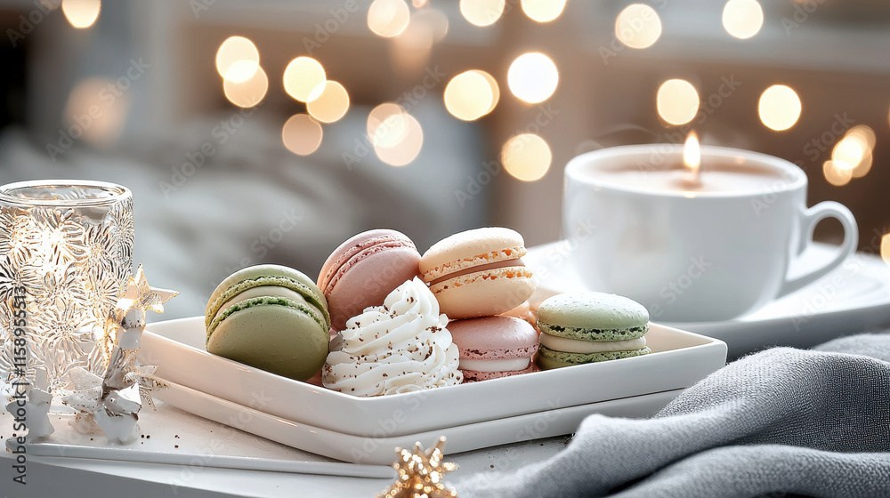 Poster set of colorful macarons on delicate plate with cup of coffee, creating cozy atmosphere. perfect for