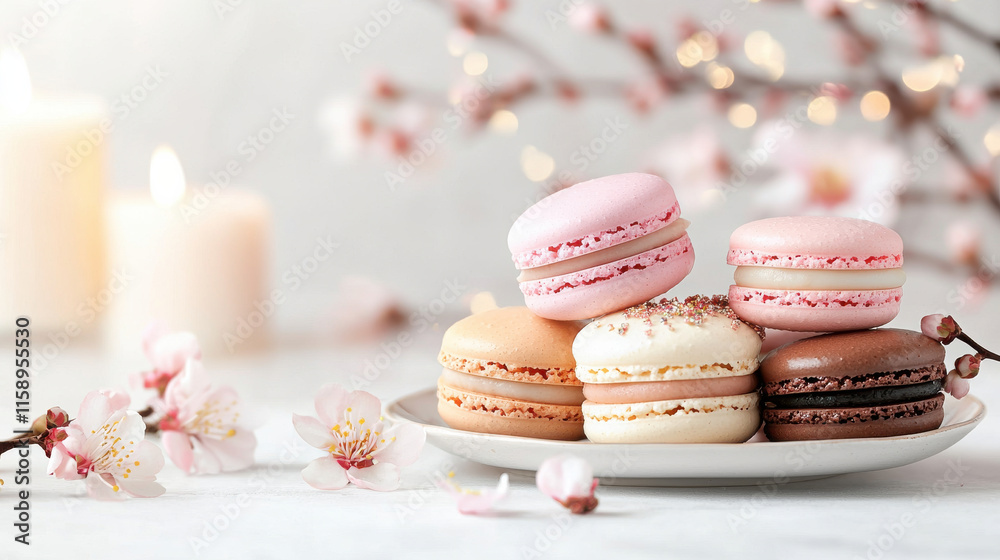 Poster set of colorful macarons on delicate plate, surrounded by soft blossoms and candles, creating serene