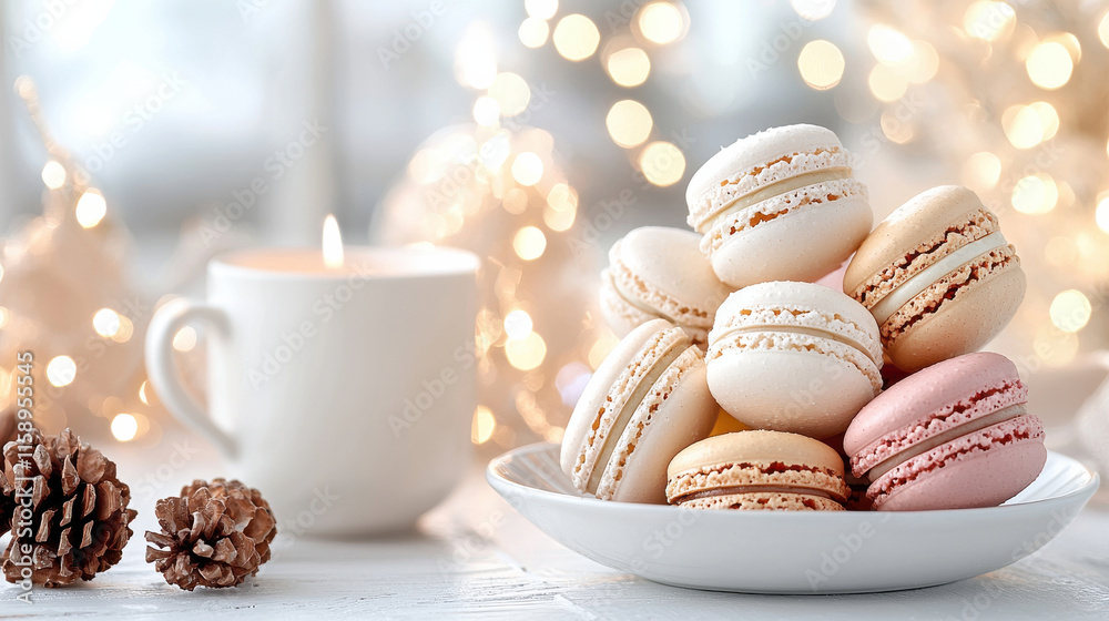 Poster set of colorful macarons on delicate plate, perfect for cozy setting with candle and pine cones. war