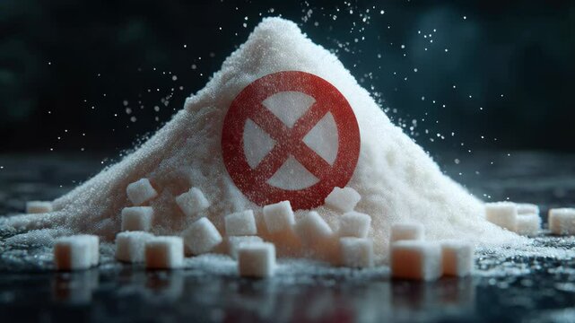 Pile of sugar in the shape of a mountain with a red ban sign. The concept of harm from sweets and sugar.
