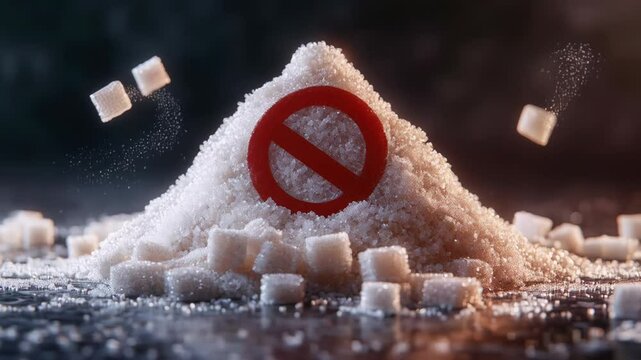 Pile of sugar in the shape of a mountain with a red ban sign. The concept of harm from sweets and sugar.