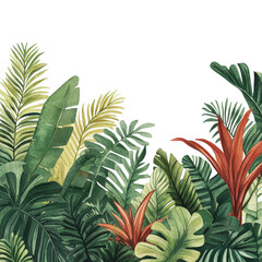 Obraz premium Lush vibrant tropical foliage background with an array of exotic green palm leaves ferns and other botanical elements
