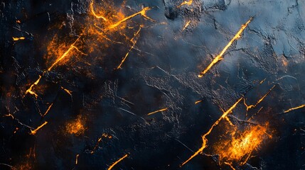 Abstract texture with glowing orange cracks on dark blue surface.