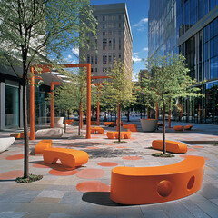 An urban plaza featuring public art installations and seating areas.