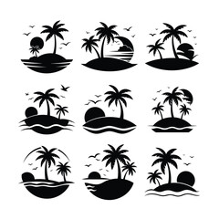 Black and White Tropical Island Design Featuring Palm Trees and a Serene Sunset Vector Illustration