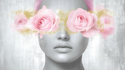 Abstract portrait of a woman adorned with pink roses, placed on her eyes, in contemporary art collage.