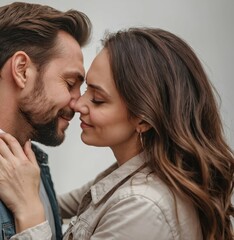 Naklejka premium Intimate Connection: A close-up portrait of a couple, their foreheads gently touching, their eyes closed, radiating a palpable sense of love and connection. The image evokes intimacy, trust.
