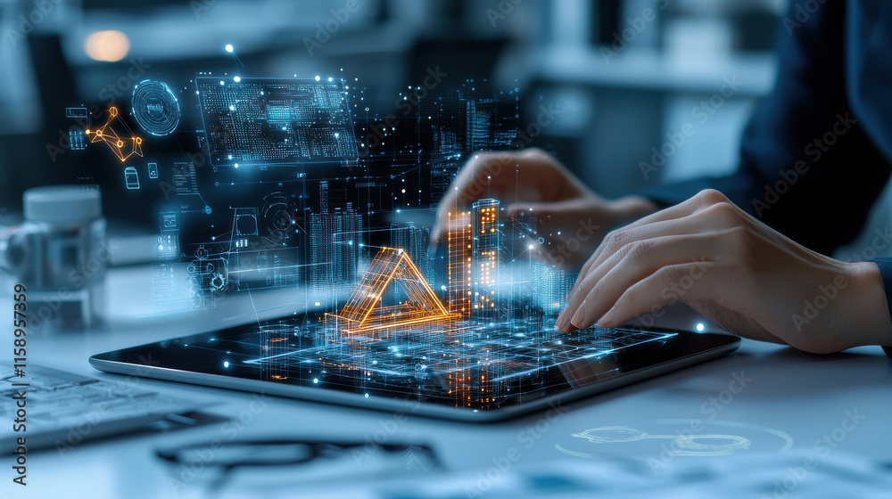 Leinwandbilder Innovative technology concept with person using tablet to design sustainable architecture. digital interface displays graphs, charts, and 3D models, showcasing modern design