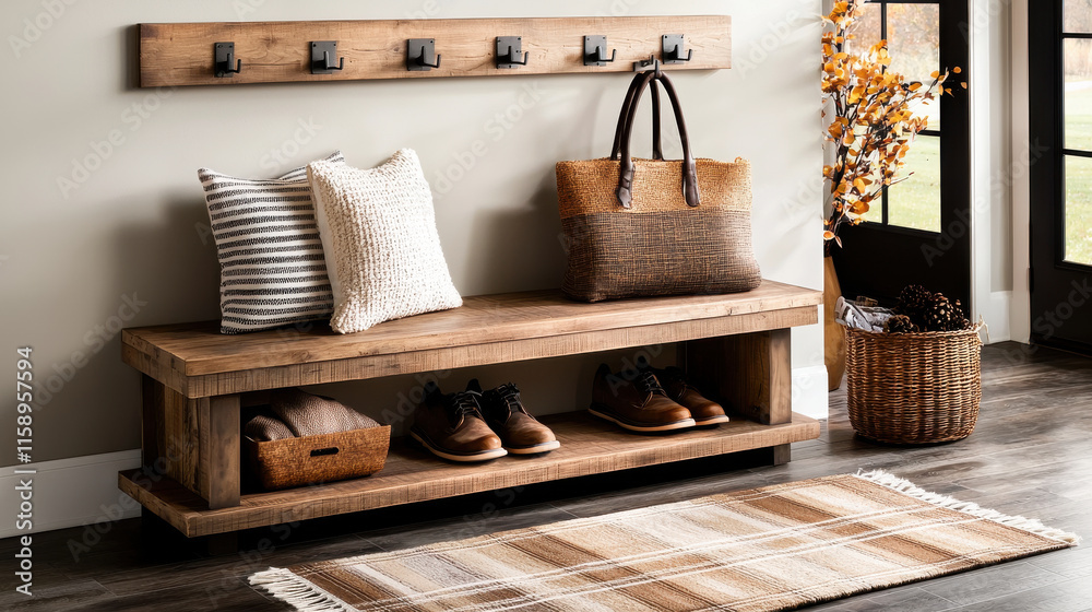 Poster stylish entryway featuring wooden bench, coat rack, and shoe storage, creating warm and inviting atm