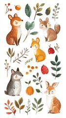 Fototapeta premium Whimsical animal and foliage illustrations.