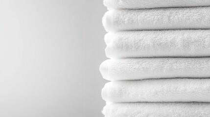 A pile of neatly folded, crisp white towels stacked in a bright and serene setting, conveying a sense of purity, cleanliness, and luxury.