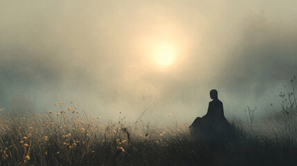 A figure sits quietly in a foggy field, reflecting on their past and the paths they have taken.