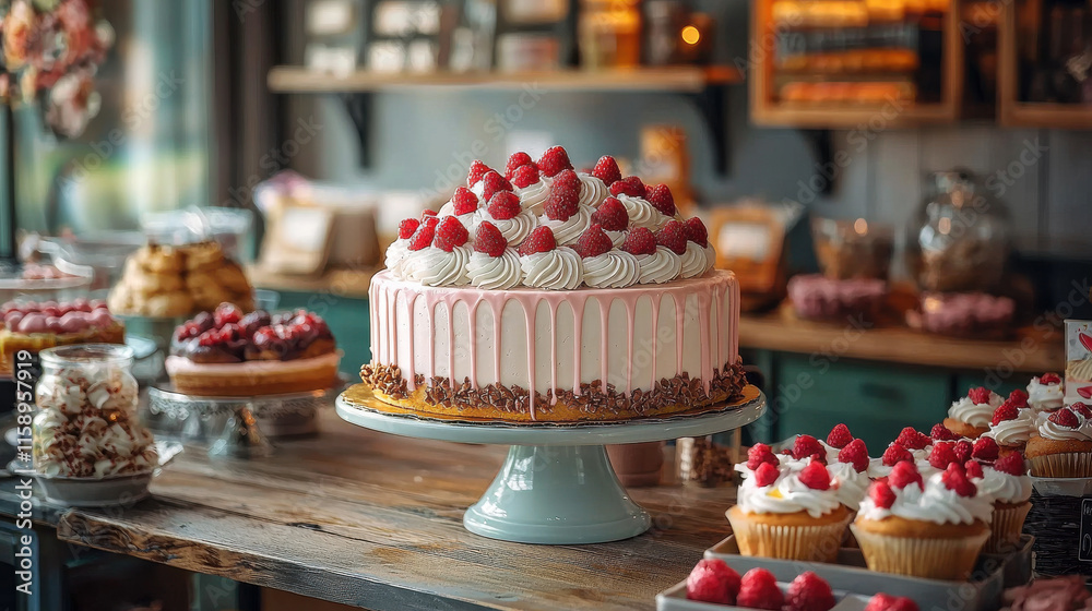 Poster beautifully decorated cake topped with fresh raspberries sits in vibrant bakery display, surrounded 
