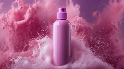 A striking pink spray bottle is captured amidst an energetic explosion of pink mist, embodying vibrancy, motion, and artistic allure in a vivid composition.