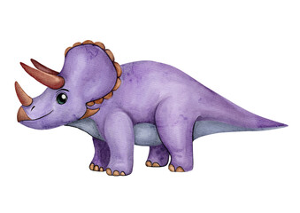 cute cartoon triceratops.Watercolor illustration isolated on white background.