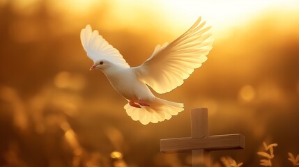 Dove in flight against a golden sunset near a wooden cross symbolizing peace and hope