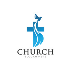 Christian Cross Church logo design vector illustration. cross logo with leaves around it
