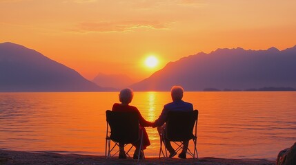 Obraz premium Couple watches sunset together on lakeshore while holding hands in serene, tranquil environment