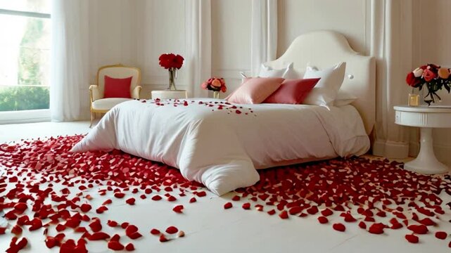 Beautiful white bed decorated with rose petals Honeymoon