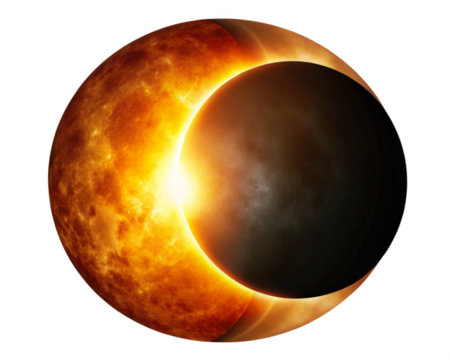 A partial solar eclipse with the dark moon blocking part of the sun’s bright orange glow, all cleanly outlined on a white background.
