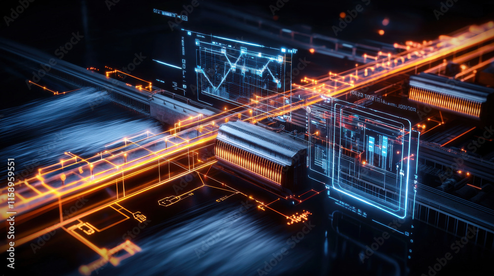 Poster Futuristic digital interface with glowing graphs and data visualizations, showcasing advanced technology and innovation in high tech environment