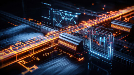 Futuristic digital interface with glowing graphs and data visualizations, showcasing advanced technology and innovation in high tech environment