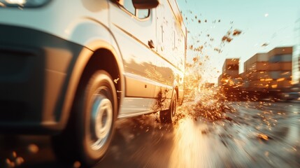 A delivery van rushes down a road at sunset, causing dramatic sparks with its fast movement, symbolizing the fiery energy and dynamism of modern logistics.