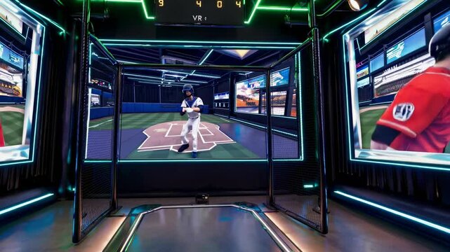 Virtual baseball batting practice with immersive technology and interactive screens in a modern facility - Powered by Adobe