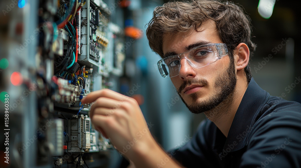 Poster skilled technician working on electrical circuits, wearing safety glasses and focused on task. envir