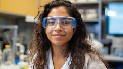 Young female scientist in laboratory wearing safety goggles while conducting research in modern science facility