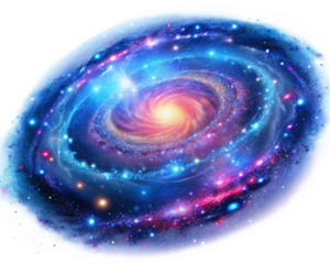 A stunning spiral galaxy with vibrant swirls of blue, purple, and pink stars, set against a clean white background, with subtle glowing edges