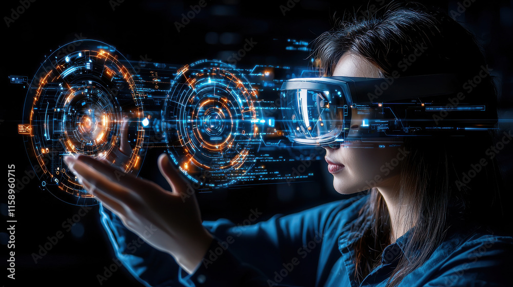Poster Augmented reality glasses enhance user experience with digital interfaces, showcasing technology impact on interaction and visualization in modern environments