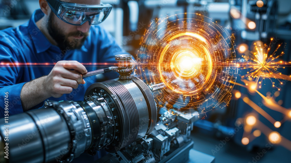 Aufkleber Workers using augmented reality glasses to enhance machinery maintenance, showcasing advanced technology and precision in modern industrial setting
