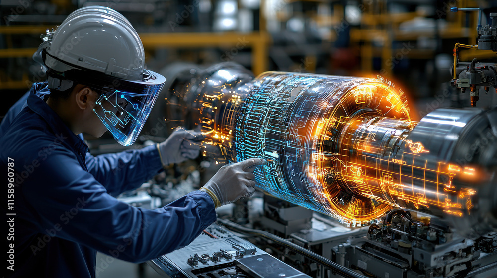 Poster worker wearing augmented reality glasses inspects high tech turbine, showcasing digital overlays and