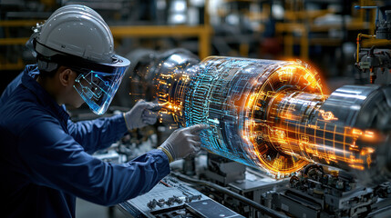 worker wearing augmented reality glasses inspects high tech turbine, showcasing digital overlays and advanced technology in industrial setting