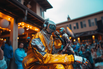Fototapeta premium Two impressive humanoid robots energize the crowd with hip-hop performances. One dazzles in gold chains, rapping passionately, while the other breakdancing