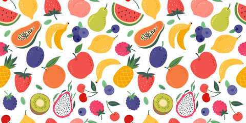 Fruits and Berries Colorful Seamless pattern. Pear, Lemon, Kiwi, Plum, Papaya, Blueberry, Strawberry, Apple, Pitaya, Tangerine, Cherry, Peach, Watermelon, Banana, Pineapple. Vector illustration