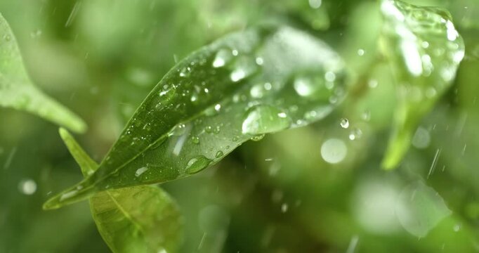 Close up of raindrops in super slow motion. Rain drips on the green leaves of the plant.